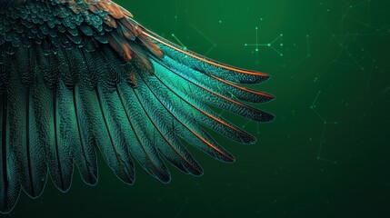 Innovative animal technology veterinary concept. A close-up of a bird's iridescent wing with intricate feather patterns against a vibrant green background.