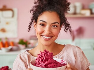 Homegrown Harmony Latina Mother in Bright Kitchen Mixing Beet Juice into Cupcake Batter for Sustainable Family Cooking and Modern Nutritional Content
