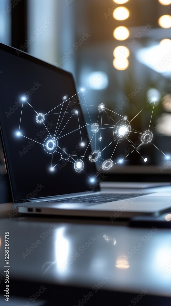 Aufkleber Futuristic Digital Workflow Interactive Virtual Diagram on Sleek Metal Laptop - Business Automation in High-Tech Office for Enhanced Operational Efficiency