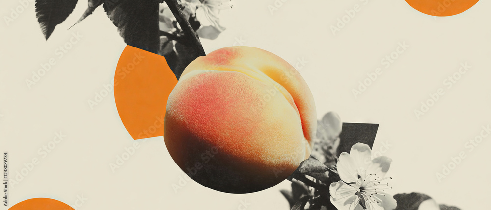 Aufkleber minimalist collage merging geometric shapes and peach with exposed pit on white background