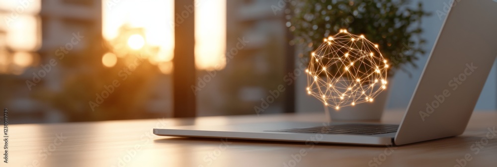 Poster neo-minimalist business hub laptop with ai network visuals and wooden desk in sunlit workspace - cut