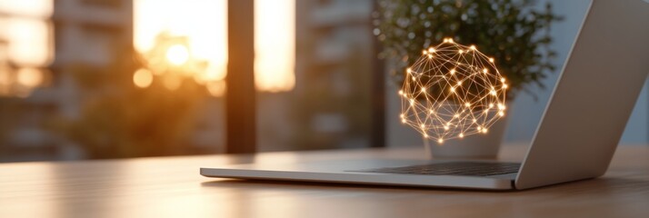 Neo-Minimalist Business Hub Laptop with AI Network Visuals and Wooden Desk in Sunlit Workspace - Cutting-Edge Digital Solutions for Corporate Innovation and Connectivity
