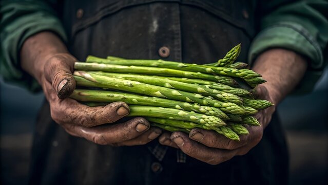 A rustic and earthy close-up of a farmer’s weathered hands holding a bundle of fresh asparagus, emphasizing hard work, sustainability, and organic food production.