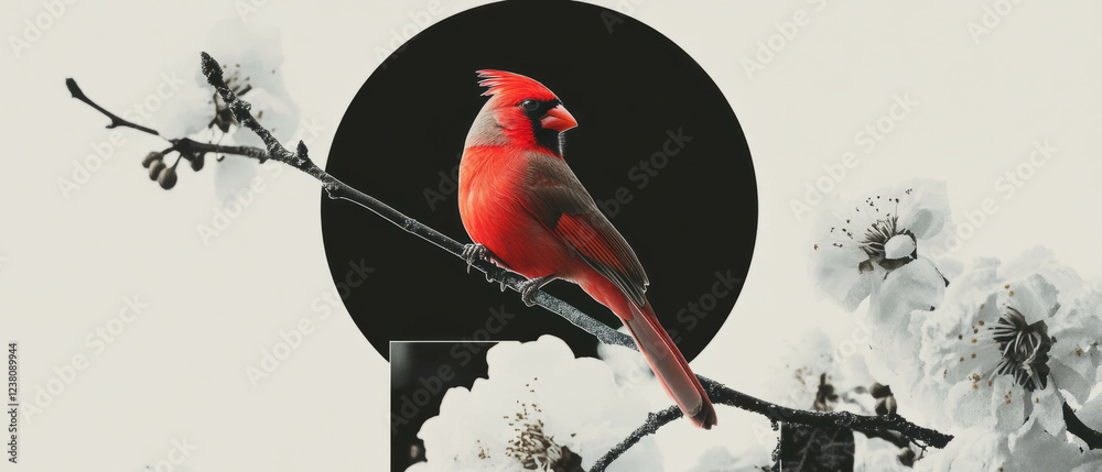 Poster minimalist collage featuring a cardinal on a snowy branch with floral background elements