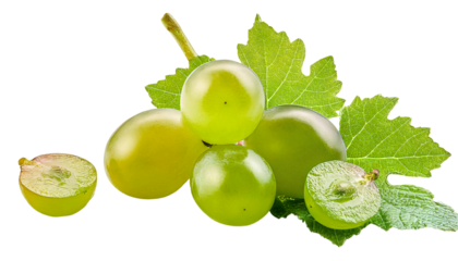 Green Grapes with Leaf: A cluster of ripe, juicy green grapes rests on a vibrant green leaf, with two halved grapes showcasing their refreshing interior.