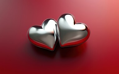 Shimmering metallic hearts on a luxury background for Saint Valentines Day and 8 March Womans Day, on a deep red-to-silver gradient background