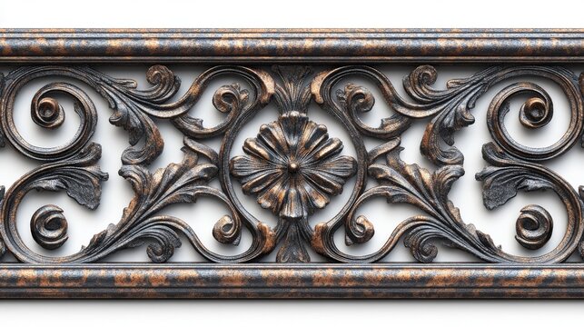 Dark brown 3D wrought iron square frame with intricate design, set against a clean white background. High-quality 4K HD screen with fine resolution of 2200 pixels, showcasing elegant craftsmanship.