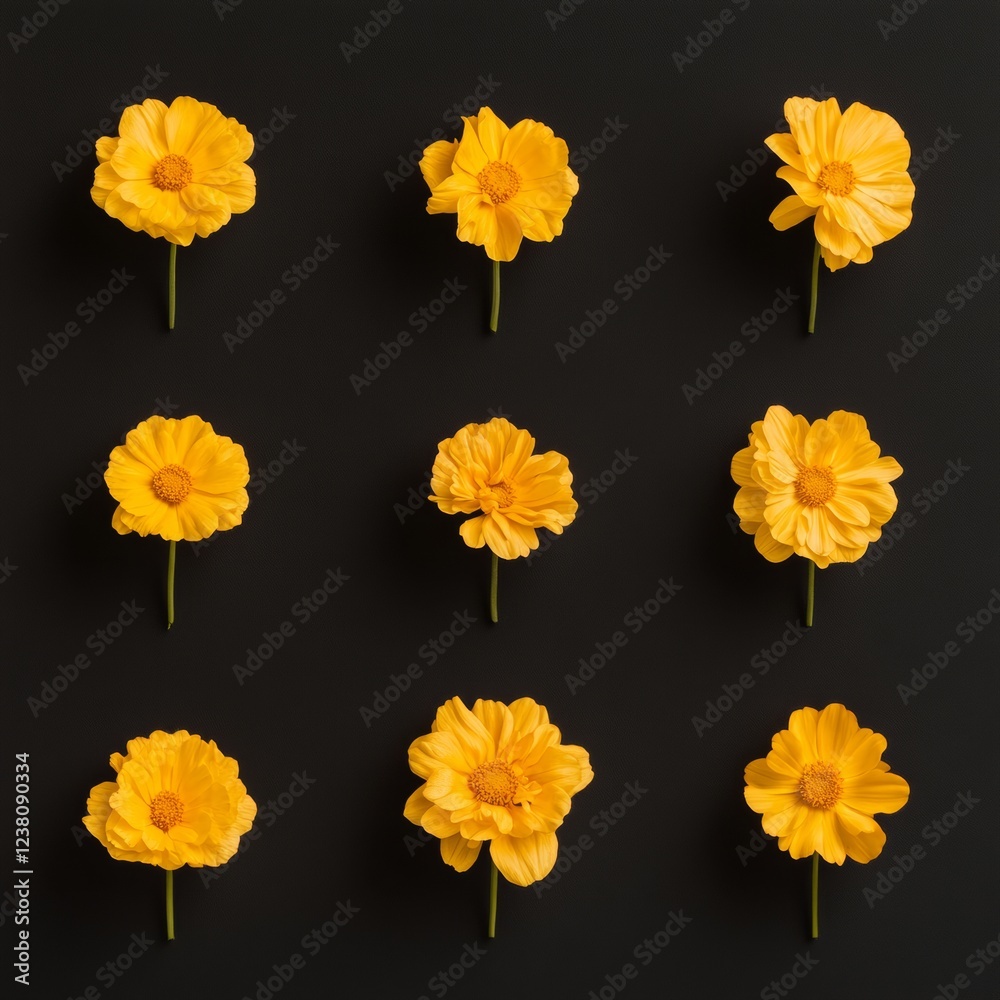 Poster geometric floral art vibrant yellow daisy grid on black canvas for modern botanical branding and vis
