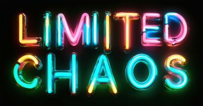 Bright neon sign spelling Limited Chaos glowing wildly in multicolored hues on dark background pulsating with vibrant contrast creating bold dynamic energetic atmosphere
