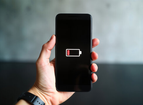 Close-up view of person holding smartphone. Phone screen displays low battery icon. Indoor setting. Person holds device. Battery level low. Hand holds phone. Smartphone tech. Charging needed. Digital - Powered by Adobe