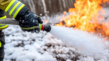 Firefighter sprays extinguishing foam on fire, winter forest fire extinguishing operation.