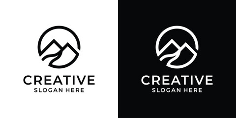 Simple Mountain line inside circle Logo Design Template