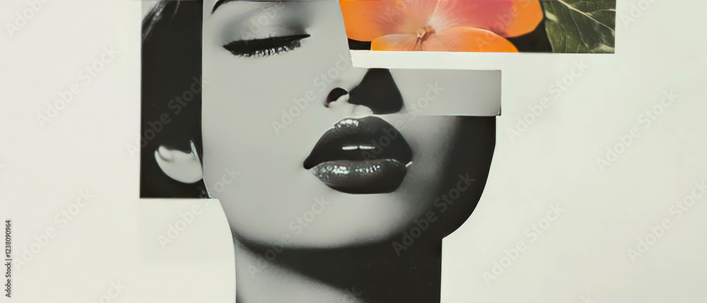 Poster minimalist collage combining geometric shapes and floral elements with a close-up frown expression