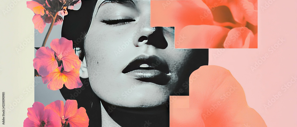Aufkleber Minimalist collage combining geometric shapes and floral elements with a close-up expression