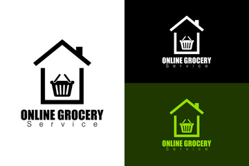 illustration of a home icon with grocery basket, superstore, supermarket, online delivery, online grocery, farmers market, butcher market, organic food market, vector, abstract, logo