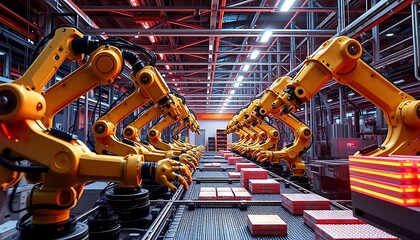 Fototapeta premium Automated Robotic Arms A Futuristic Factory Vibrant Led Lights