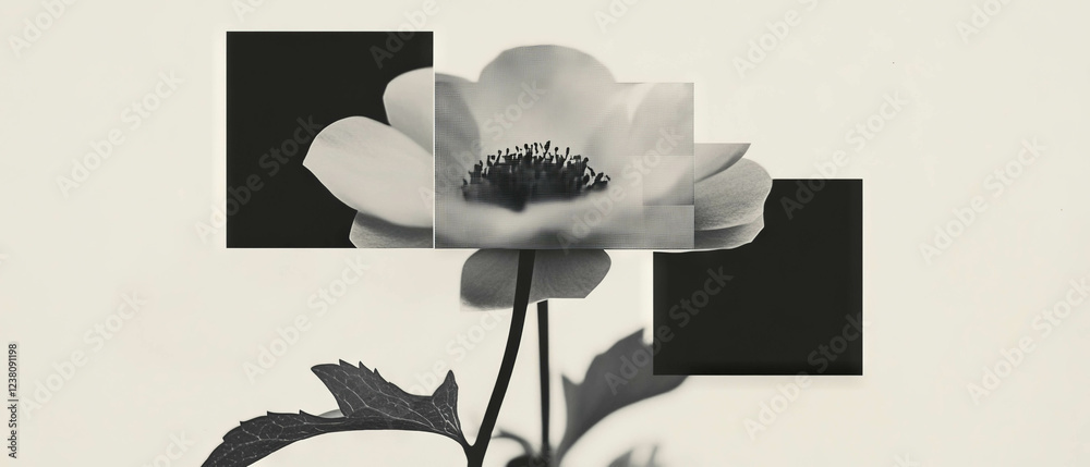 Poster minimalist collage featuring geometric shapes and a pixelated flower on a white background
