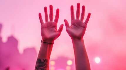 Obraz premium Vibrant Concert Aesthetic Hands in Air with Smoky Pink Sky - Interactive Music Event Imagery for Festival Promotions and Cultural Collective Experience