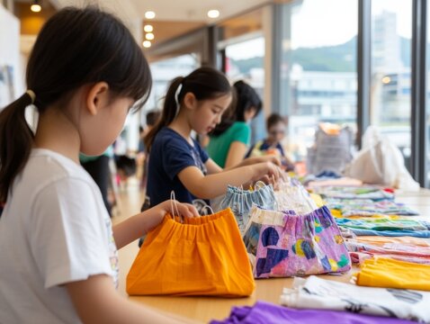 Vibrant Community Center Workshop Transforming Old T-Shirts into Stylish Reusable Bags - Eco-Friendly Crafting and Sustainable Design for Educational Outreach