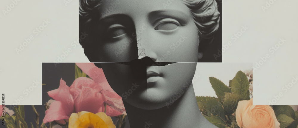 Poster minimalist collage featuring a close-up of a broken statue's nose and floral elements