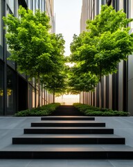 Obraz premium Urban Green Oasis Lush Tree-Lined Pathway Between Sleek Glass Office Towers - Sustainable City Design and Modern Real Estate Marketing for Corporate Environments