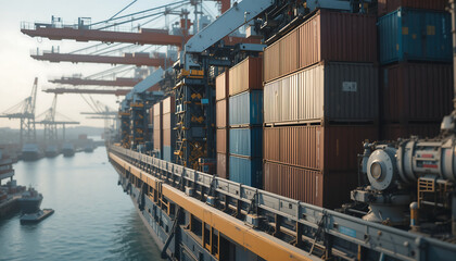Naklejka premium Ship utilizing robotic arms to manage cargo in industrial harbor