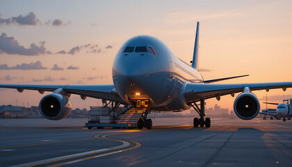 Cargo plane unloads autonomously against sunset airport backdrop