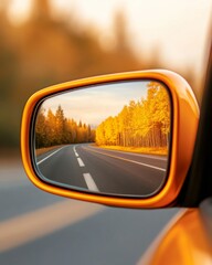 Fototapeta premium Scenic Autumn Drive Retro Chrome Car Mirror and Vibrant Foliage - Transportation Marketing Asset and Seasonal Automotive Visuals for Lifestyle Engagement