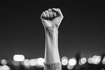 Monochrome Grassroots Rally Community Unity in Focus - Hand-Raised Gesture on Dynamic Urban Background for Political Campaigns and Social Movement Documentation