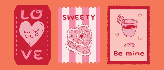 Colorful Valentine s Day cards featuring hearts, sweet treats, and romantic messages