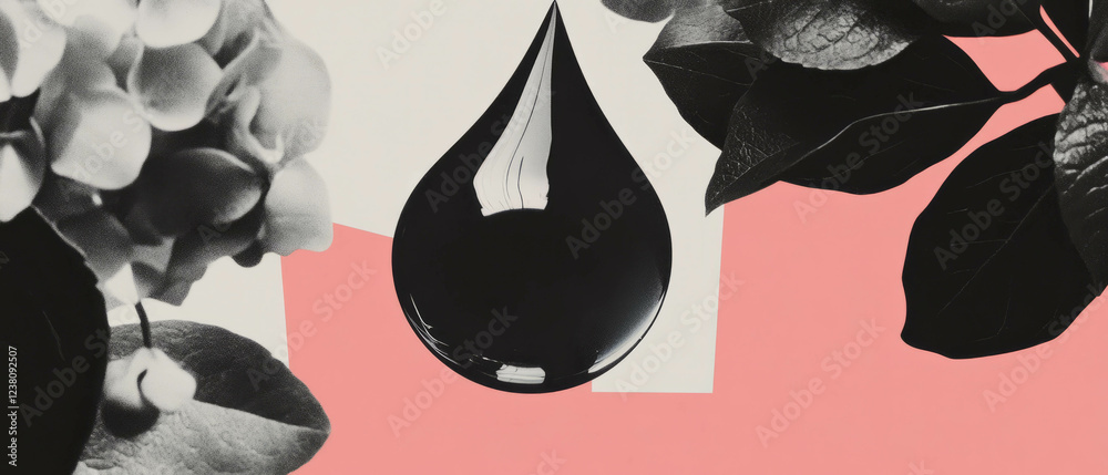 Poster minimalist collage featuring geometric shapes and a drop of water on a leaf