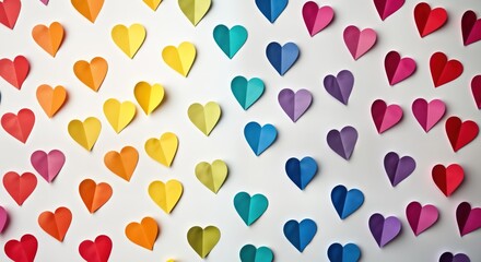 Colorful paper hearts arranged in rainbow pattern on white background. Hearts two-toned with gradient colors. Vibrant design evokes feelings of love, diversity, suitable for Valentine Day Pride