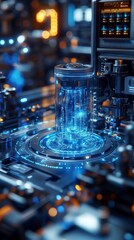 Futuristic laboratory showcasing advanced quantum computing devices emitting blue light, with scientists using VR equipment to operate and research deep learning algorithms in a high-tech environment.