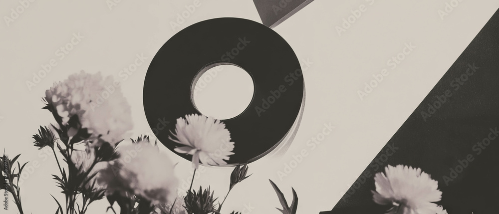 Poster minimalist collage features geometric shapes and flowers with a roll of masking tape