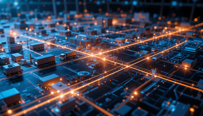 Futuristic 3D holographic map of glowing supply chain paths and warehouses