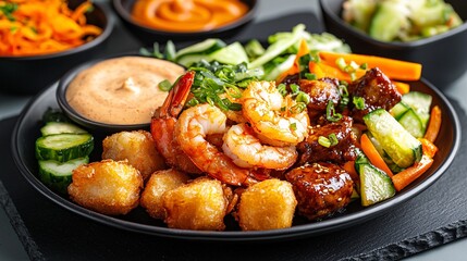 Fototapeta premium Food photography. Colorful plate of shrimp and vegetables with dipping sauce, showcasing a delicious meal.