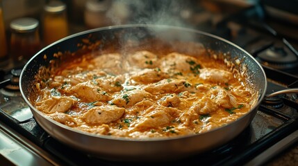 Homecook Creates Chicken Stroganoff Cozy Kitchen Food Photography Warm Atmosphere Close-Up Culinary Delight