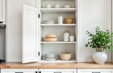 White glass cabinet door open clean dishes, decor. Stylish Scandinavian kitchen interior. Organized storage system. Clean white cabinets with natural wood counter top. Modern, cozy kitchen design.