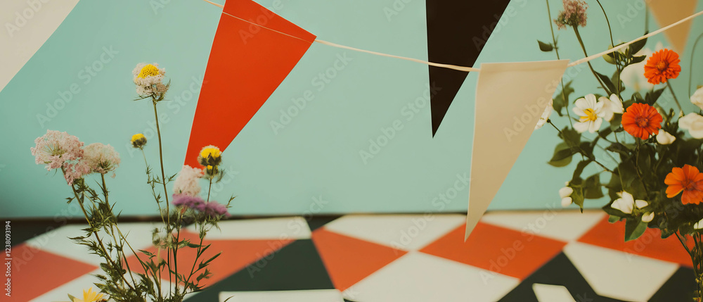 Poster minimalist collage with colorful flags and floral elements on a white background