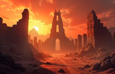 Naklejka premium Sun sets over desolate ruins of forgotten city in barren desert wasteland. Ancient stone structures stand in ruins amidst cracked earth, scattered debris. Empty spaces show city abandoned long ago in