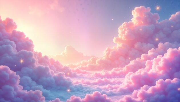 Pastel pink, purple clouds fill sky. Sparkling stars scattered among soft clouds. Hazy, pink glow suggests sunrise sunset. Holographic effect enhances dreamy, fairytale atmosphere. Dreamy cloud - Powered by Adobe