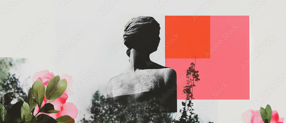 Poster Minimalist collage blending geometric shapes and botanical elements with a statue's overgrown base