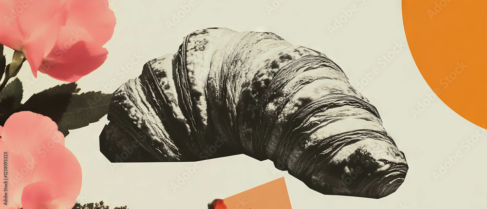 Poster minimalist collage featuring a croissant with floral elements on a clean background