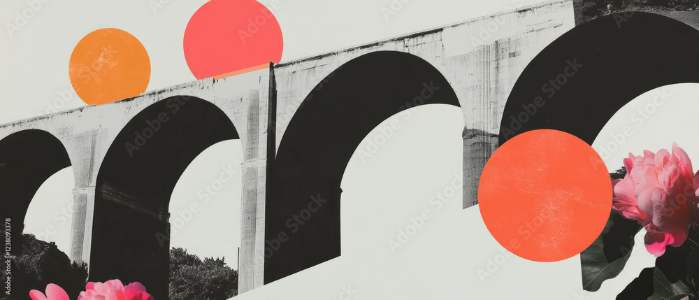 Poster minimalist collage featuring geometric shapes and a bridge with arches on a white background