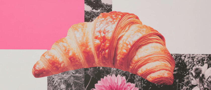 Minimalist collage featuring geometric shapes and a textured croissant against a floral background