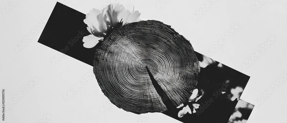 Aufkleber minimalist collage combining geometric shapes and floral elements with tree bark texture