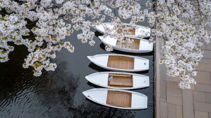 Tourists enjoy leisurely activities on small wooden boats while cherry blossoms bloom and peach trees stand nearby in autumn