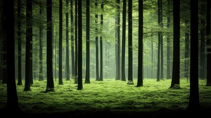 Fototapeta premium Misty forest, green moss, sunlight, trees, nature, tranquil scene, wallpaper