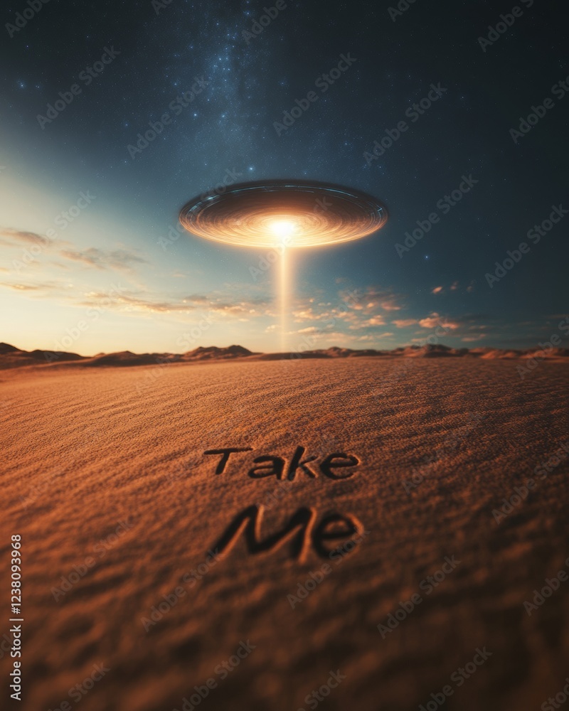Poster futuristic desert landscape illuminated ufo hovering over sandy terrain - cosmic exploration content