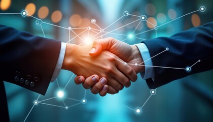 Business partnership handshake. Two people in suits shake hands. Network connections, opportunities shown. Modern business collaboration concept. Teamwork, trust highlighted. Innovation, tech